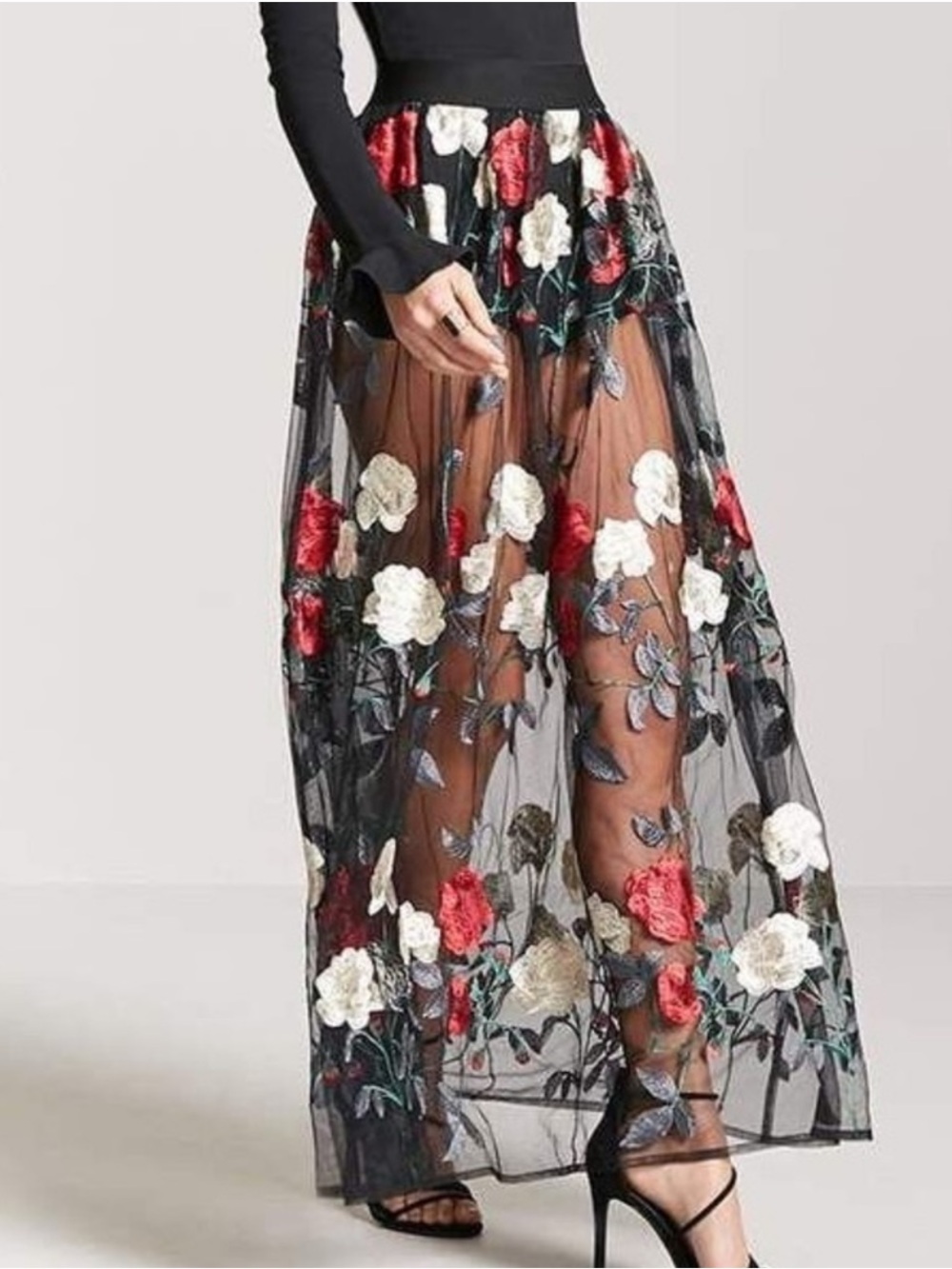 Forever 21 Black Mesh Maxi Skirt with Red & White Rose Embroidery